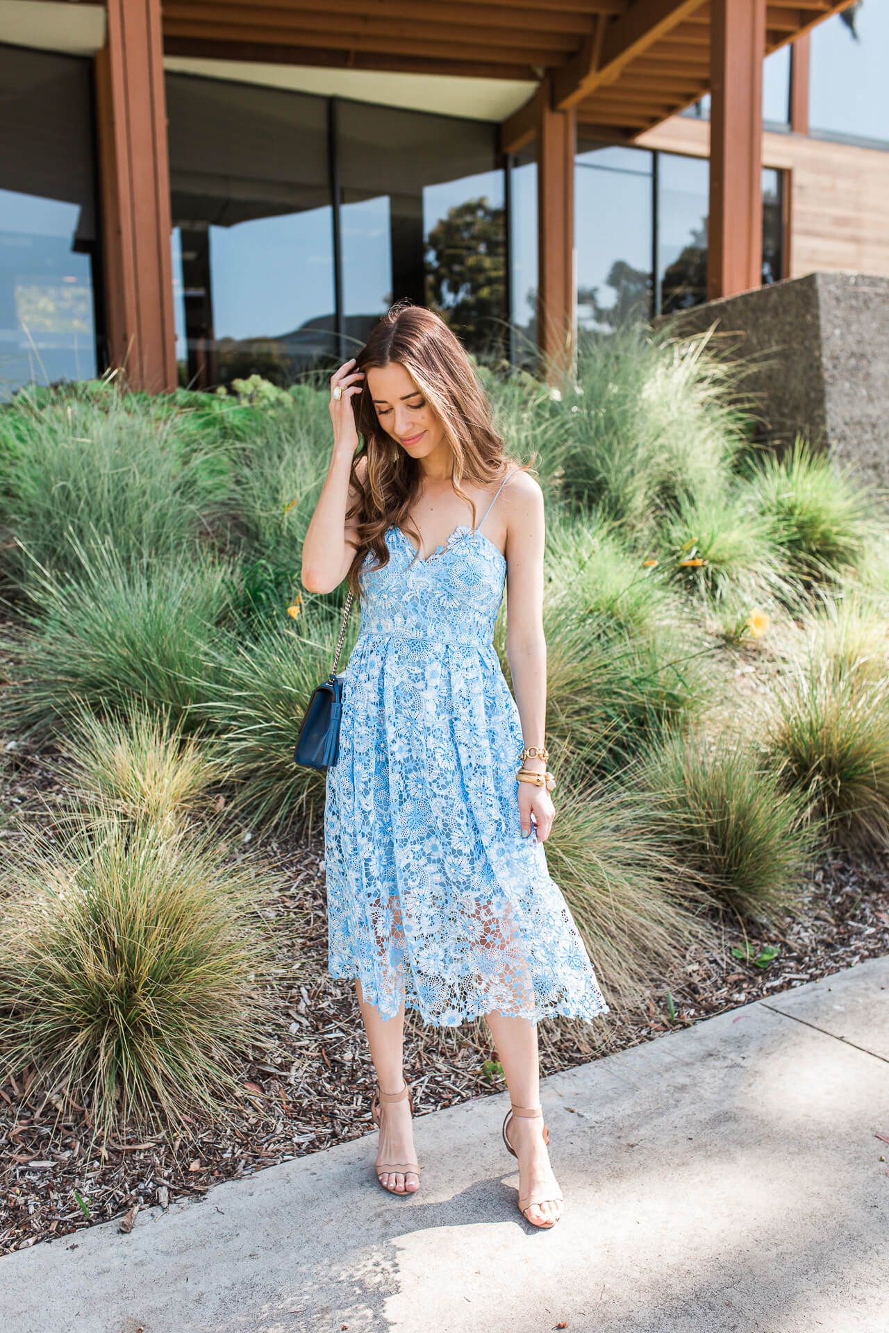 Light Blue Lace Midi Dress with A-Line Silhouette — Summer Wedding Outfits 2027