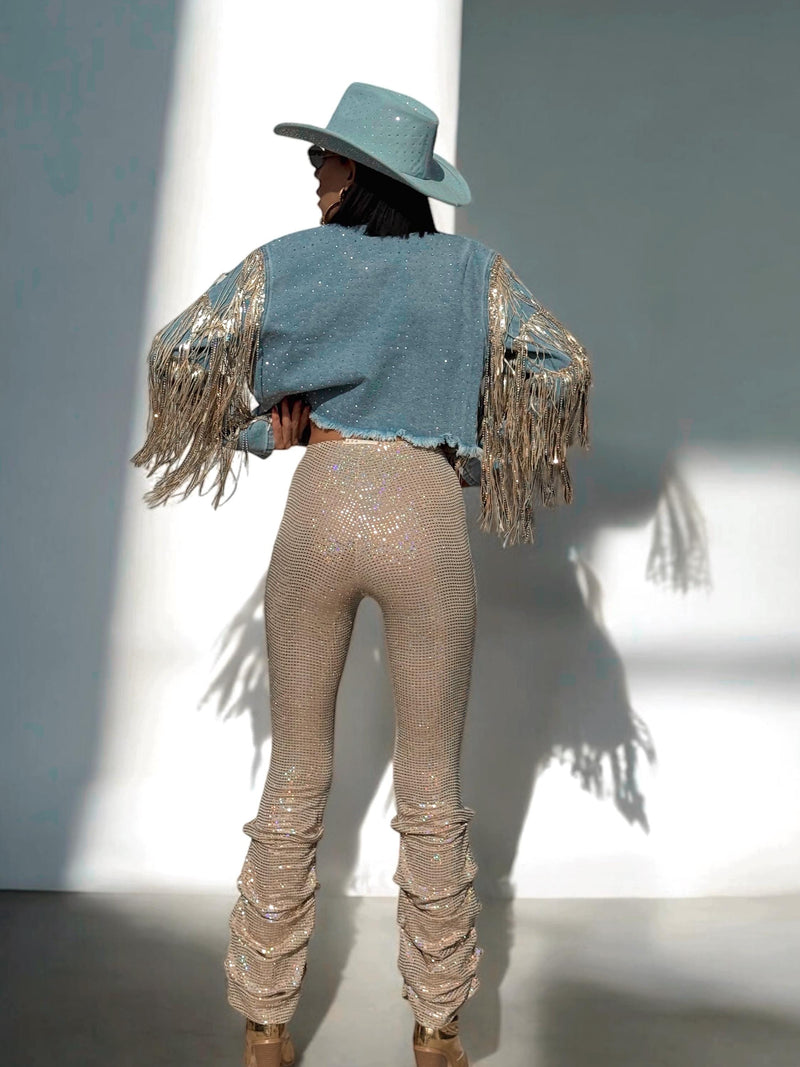 Ruched Holographic Pants with Fringe Denim Jacket for Festival Style — Holographic Outfits 2027