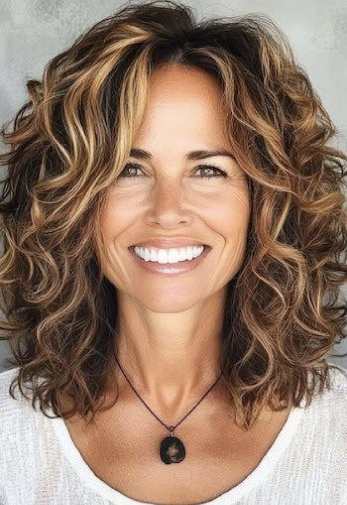 Collarbone Curly Brown With Blonde Highlights Collarbone Curly Brown With Blonde Highlights — Hairstyles 2027 for Women Over 50