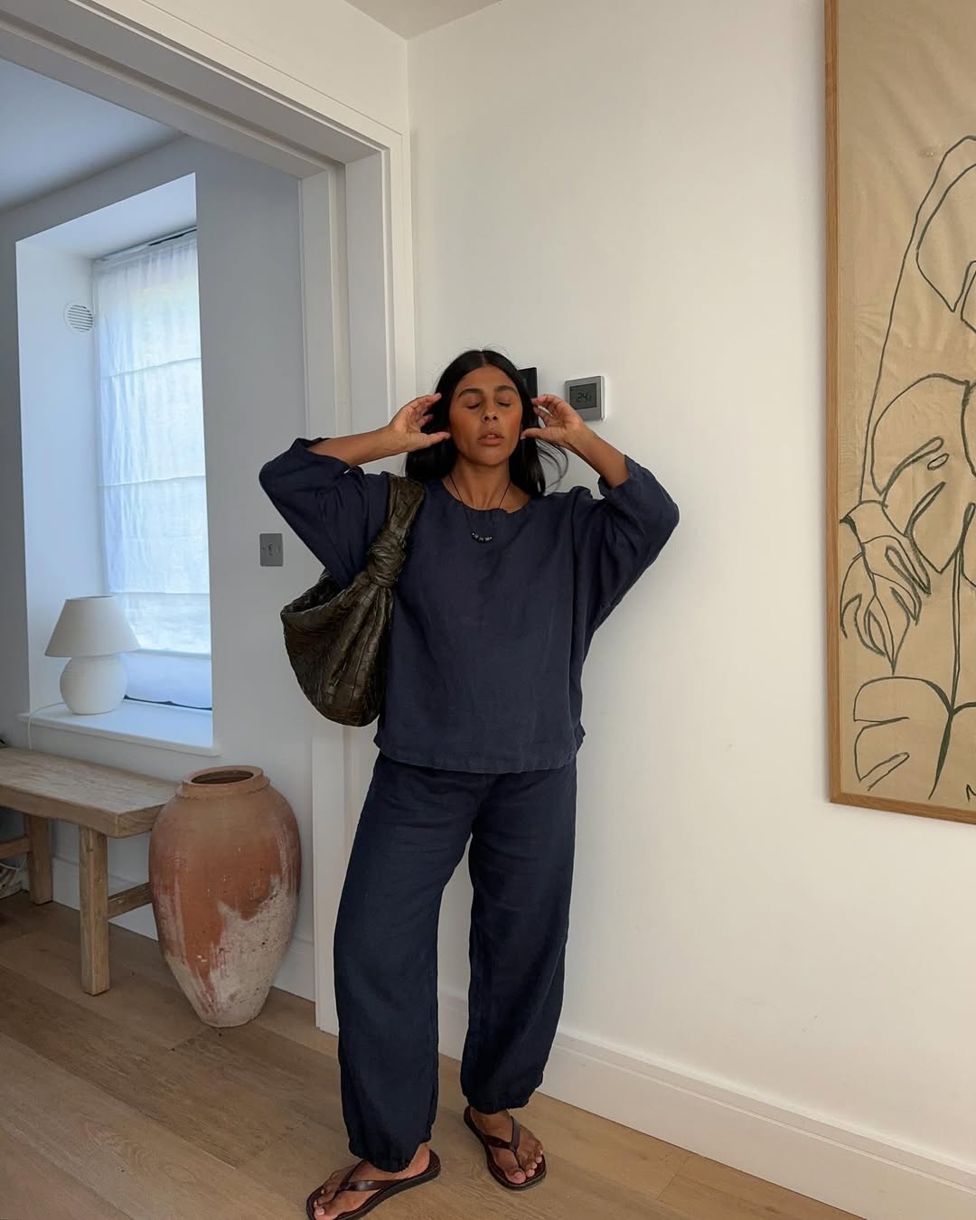 Dark Brown Flip-Flops Outfit Idea — Navy Blue Linen Pants Outfits 2027
