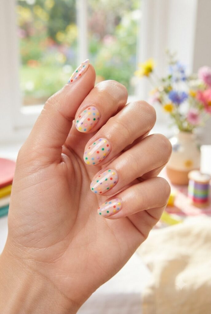 Short Oval Sheer Nude with Multicolored Dots Short Oval Sheer Nude with Multicolored Dots — Polka Dot Nails 2027