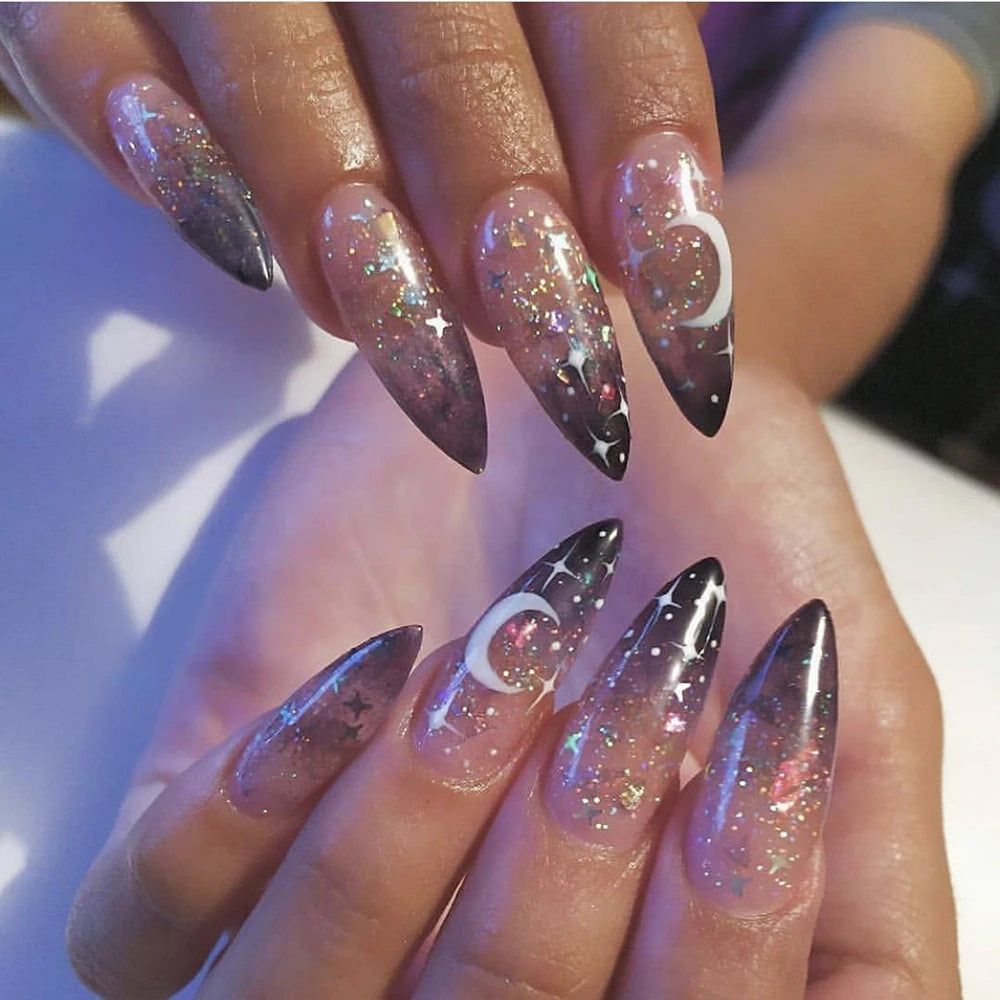 White Moons And Stars On Accent Nails Visual Idea — Moon and Stars Nails 2027