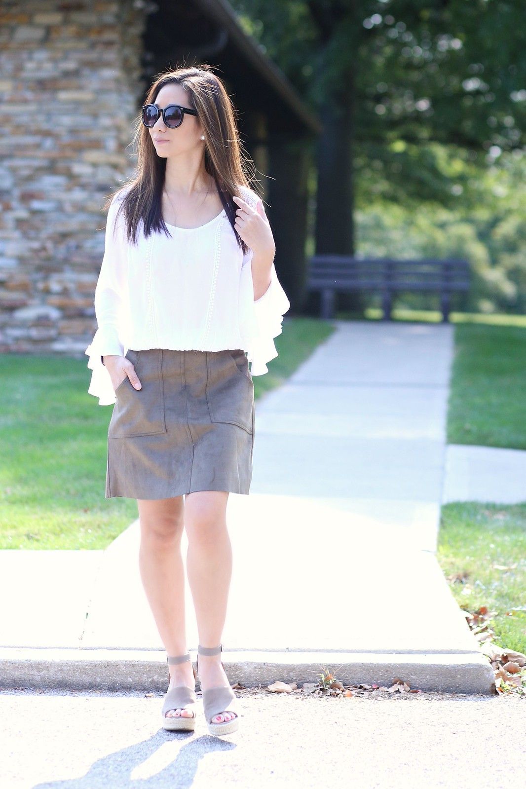 Olive Green Suede A-Line Mini Skirt with White Ruffled Blouse Olive Green Suede A-Line Mini Skirt with White Ruffled Blouse — Olive Green Mini Skirt Outfits 2027