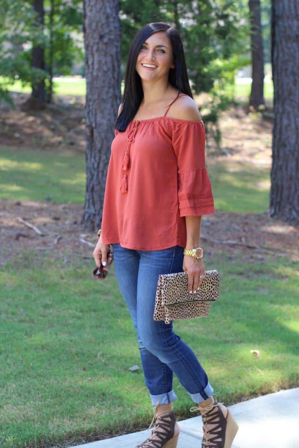 Rust Off-Shoulder Top with Bell Sleeves and Blue Skinny Jeans — Off the Shoulder Top Outfits 2027