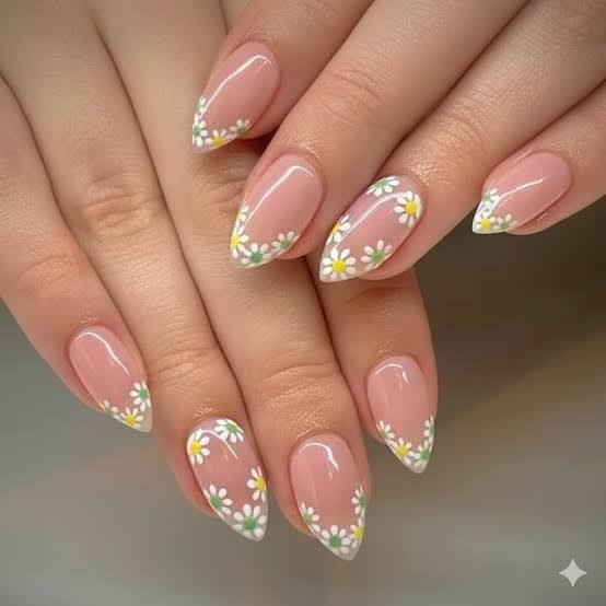 Nude Base with Free Edge Floral Border — Floral Wedding Nails 2027