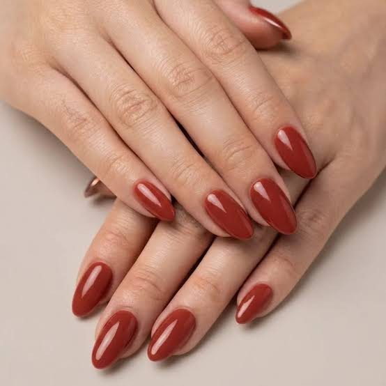 Glossy Medium Terracotta Almond Nails Glossy Medium Terracotta Almond Nails — Classy Nails 2027 for Mature Hands