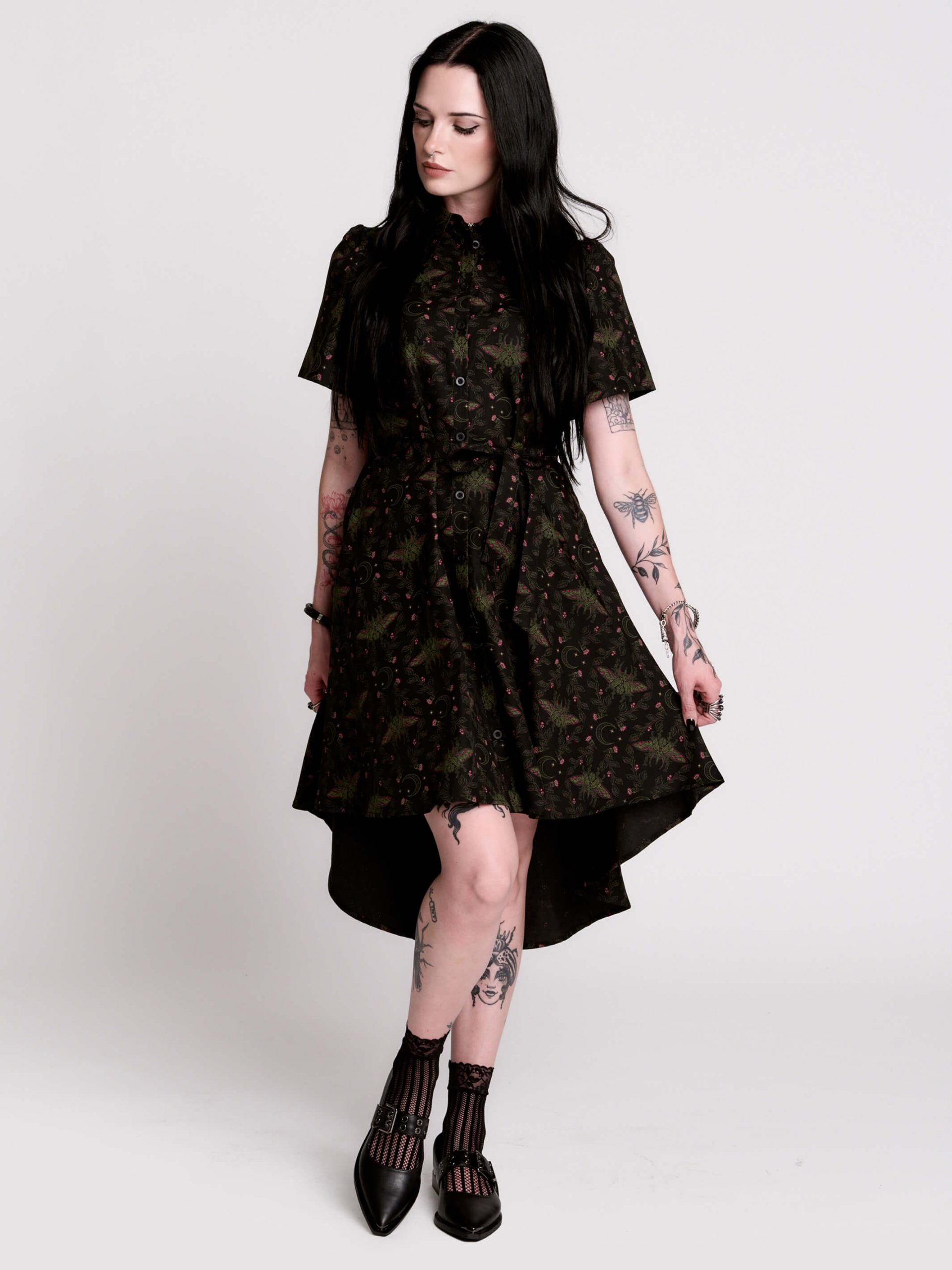 Patterned High-Low Dress and Fishnets: Gothic Emo Elegance Patterned High-Low Dress and Fishnets: Gothic Emo Elegance — Emo Outfits 2027