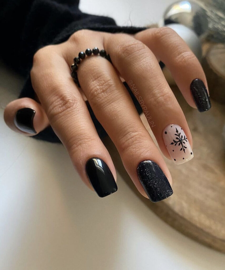 Short Square Black Glitter Snowflake Nails Short Square Black Glitter Snowflake Nails — Winter Black Nails 2027
