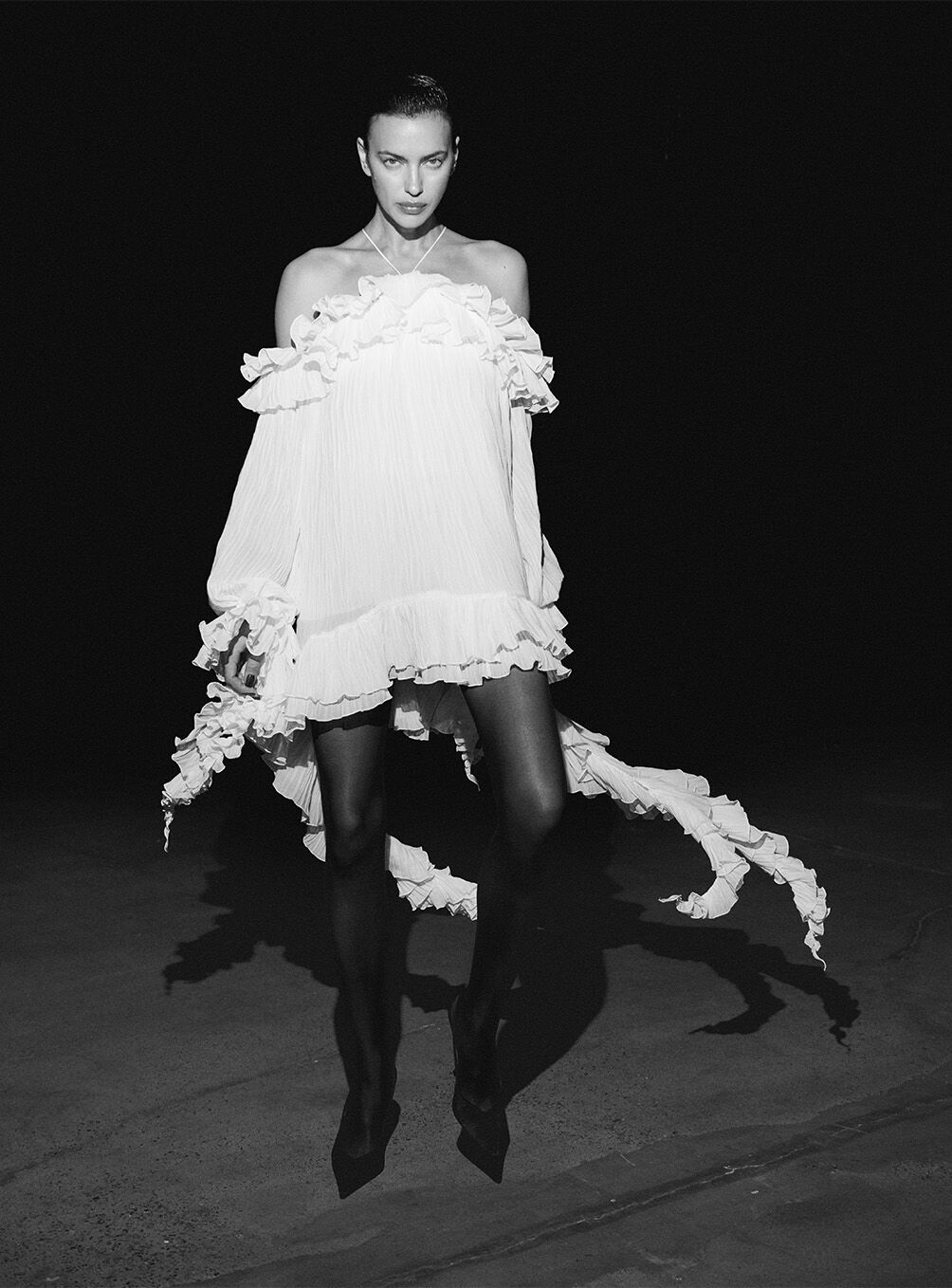 Off-the-Shoulder White Ruffled Mini Dress — Black and White Outfits 2027