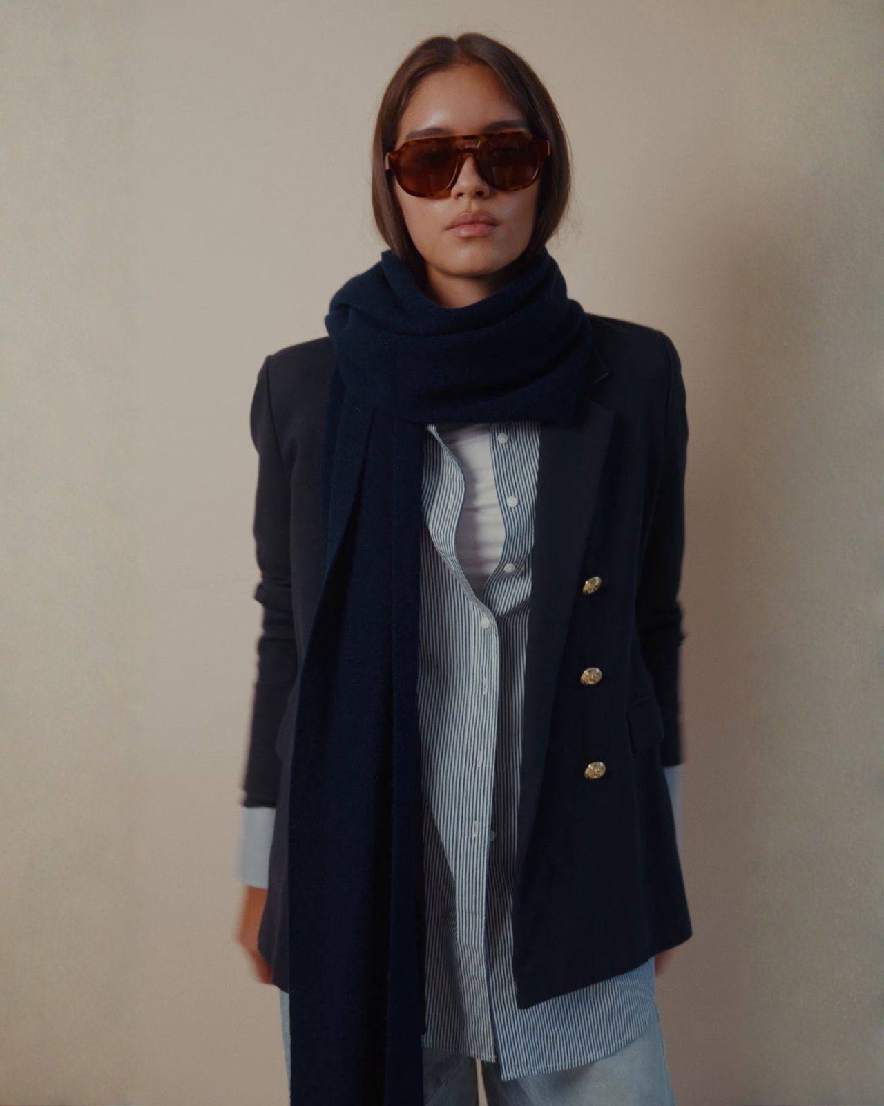 Preppy Layers: Navy Blazer, Striped Shirt, and Chunky Knit Scarf — Cold Weather Outfits 2027