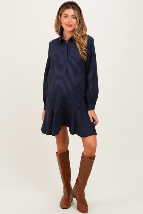 Navy Ribbed Knit Long-Sleeve Polo Dress with Ruffled Hem Navy Ribbed Knit Long-Sleeve Polo Dress with Ruffled Hem — Polo Dress 2027