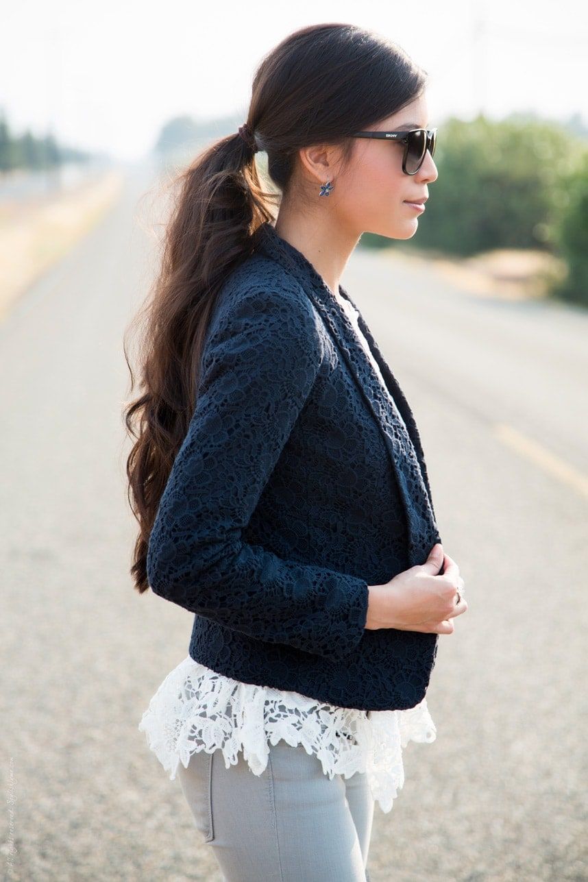 Navy Lace Blazer White Lace Trim Blouse Outfit Idea Navy Lace Blazer White Lace Trim Blouse Outfit Idea — Lace Blouse Outfits 2027
