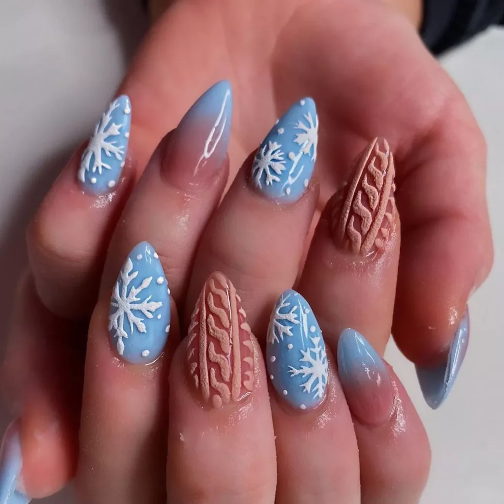 Blue Gradient & Cable Knit Stilettos — Cozy Winter Nails 2027