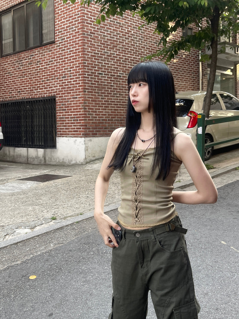 Utilitarian Chic: Lace-Up Tank with Cargo Pants Utilitarian Chic: Lace-Up Tank with Cargo Pants — Fairy Grunge Outfits 2027