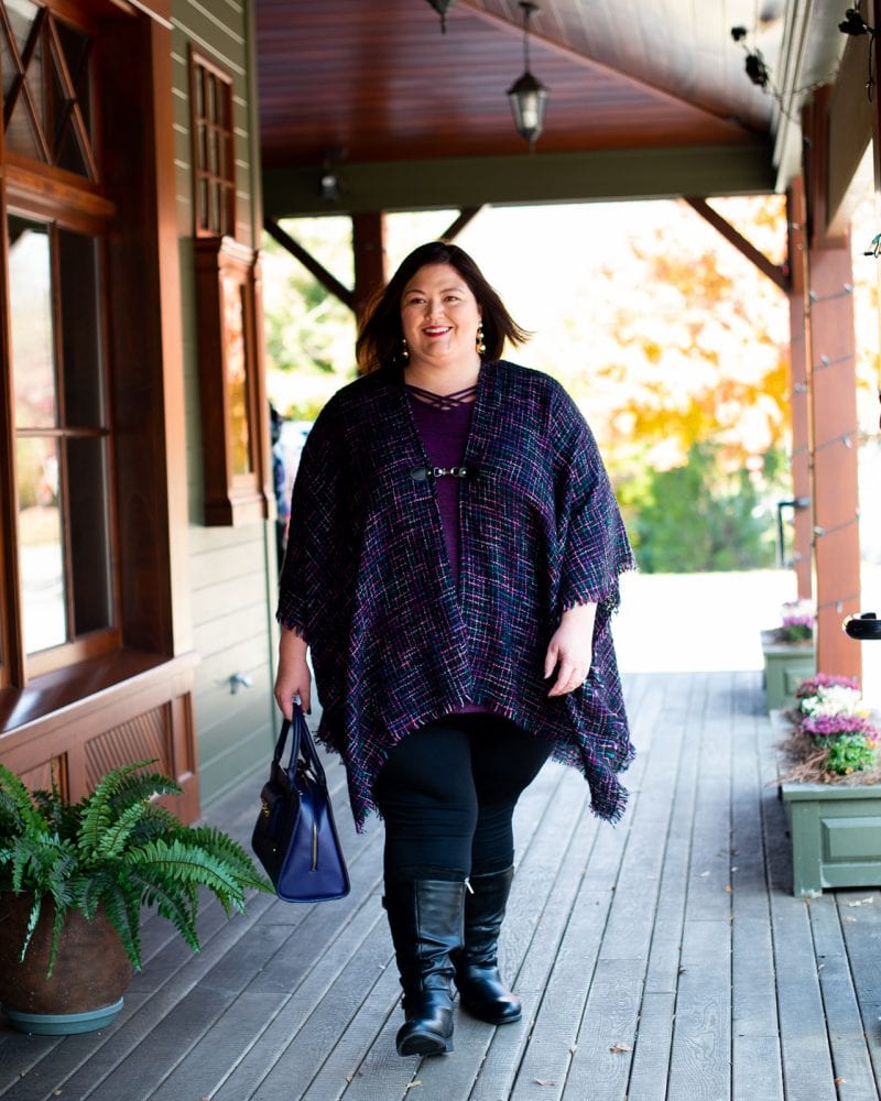 Purple Textured Poncho for Casual Thanksgiving — Plus Size Thanksgiving Outfits 2026
