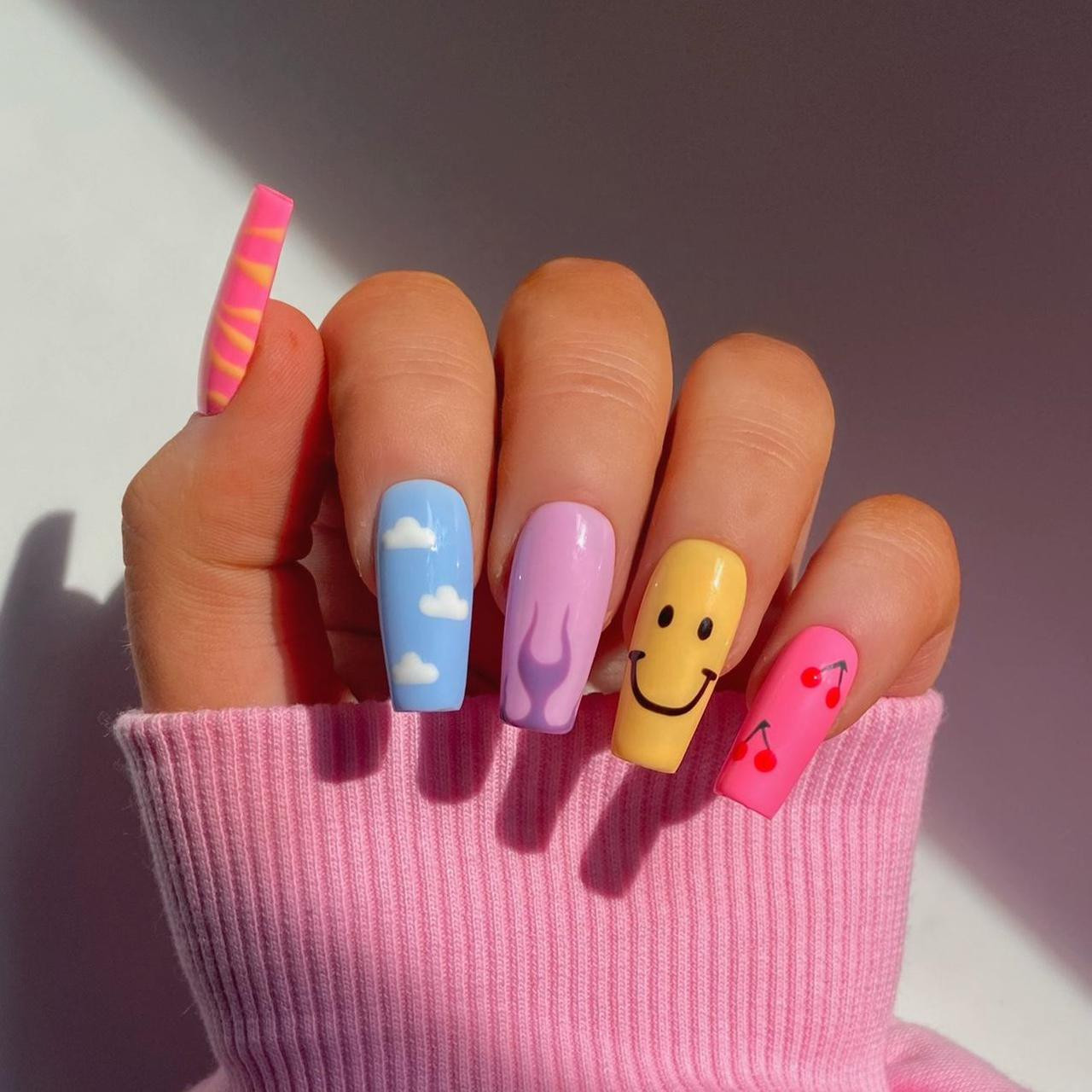 Neon Green Swirls Long Coffin Pink Smileys Neon Green Swirls Long Coffin Pink Smileys — Smiley Face Coffin Nails 2027