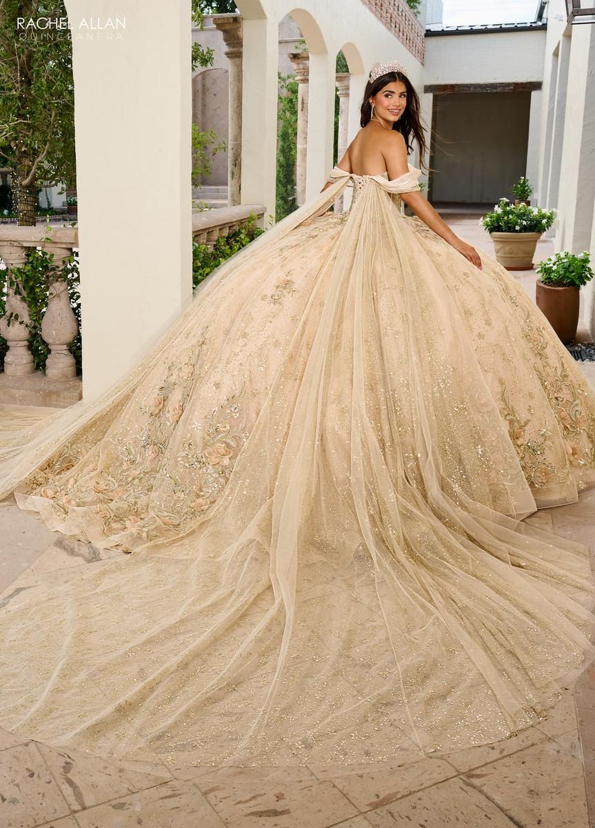 Champagne Ball Gown with Elaborate Embroidered Train and Off-Shoulder Neckline — Champagne Quinceanera Dress 2027