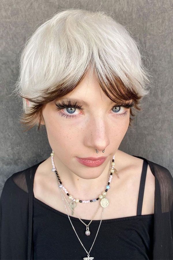 White Blonde Pixie With Blunt Bangs White Blonde Pixie With Blunt Bangs — Two Tone Pixie 2027