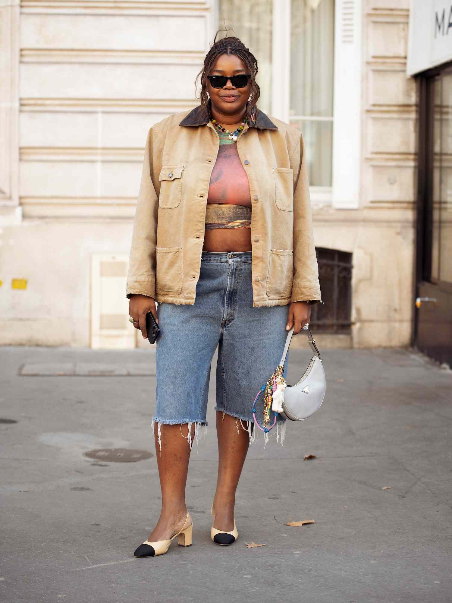 Distressed Denim Jorts with Graphic Top and Utility Jacket Distressed Denim Jorts with Graphic Top and Utility Jacket — Jorts Outfits 2027