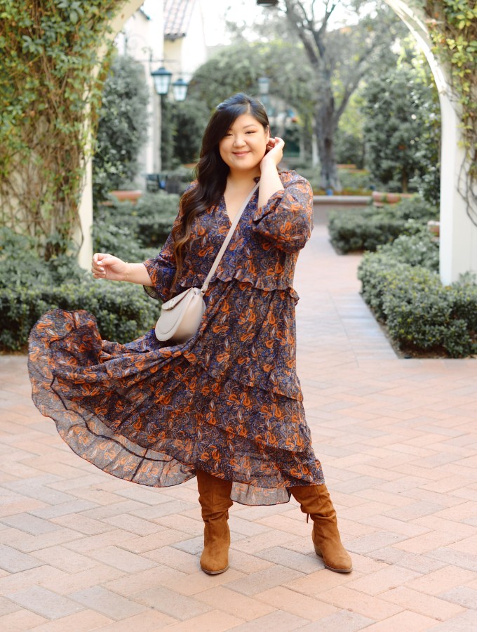Flowy Navy and Rust Floral Midi Dress — Curvy Outfits 2027
