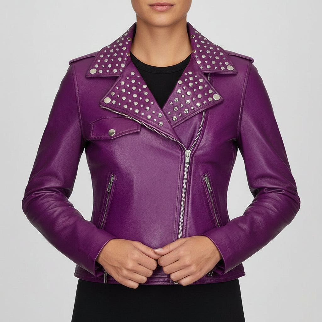 Studded Purple Leather Biker Jacket Studded Purple Leather Biker Jacket — Purple Leather Outfits 2027