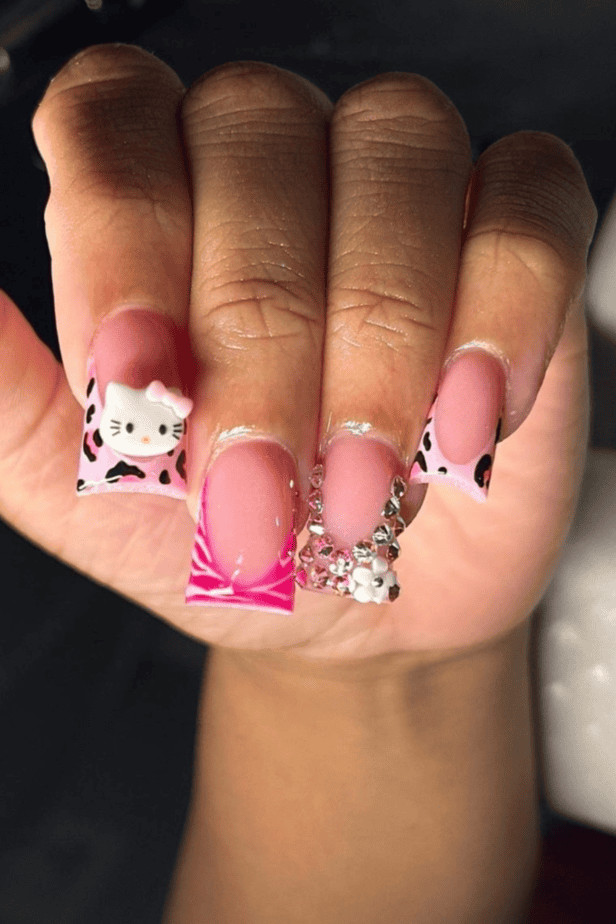Long Square Pink with Hello Kitty and Animal Print Long Square Pink with Hello Kitty and Animal Print — Pink Duck Nails 2027