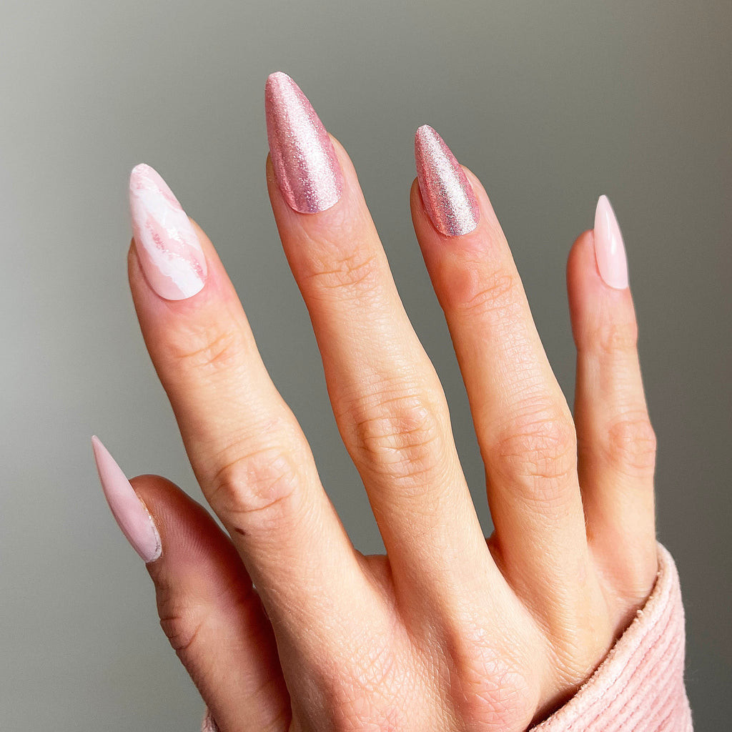 Pink White Marble Rose Gold Glitter Almonds Pink White Marble Rose Gold Glitter Almonds — Long Almond Pink Nails Ideas 2027