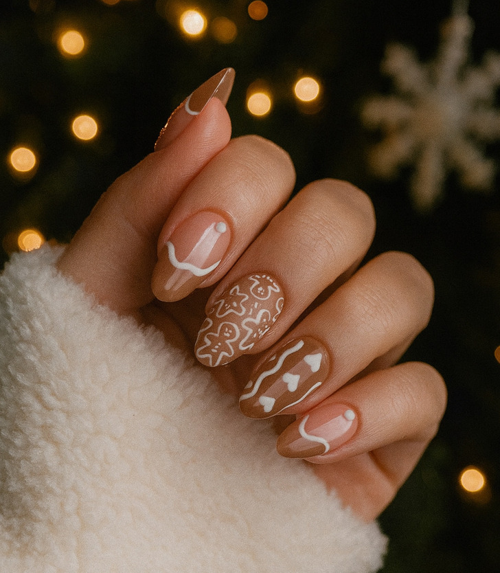 Tan Gingerbread Man Almond Nails Tan Gingerbread Man Almond Nails — Winter Vacation Nails 2027