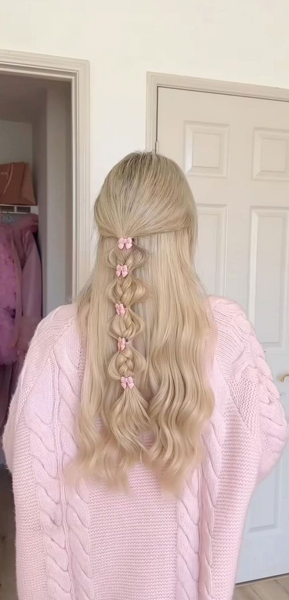 Wavy Blonde Braided Ponytail With Pink Bows Wavy Blonde Braided Ponytail With Pink Bows — Coquette Hairstyles 2027