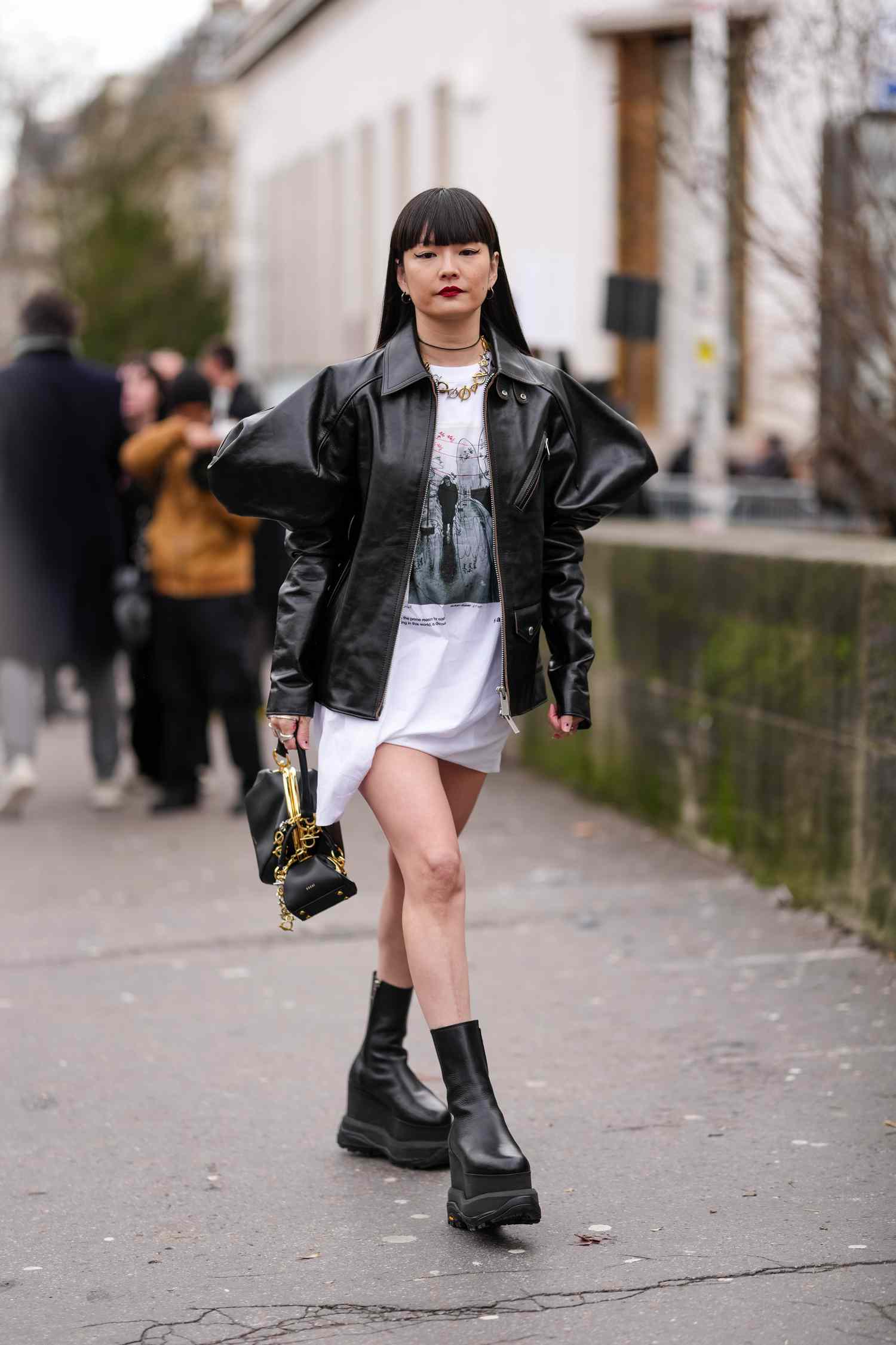 Graphic T-Shirt Under Voluminous Leather Jacket — Oversized Shirt Outfits 2027