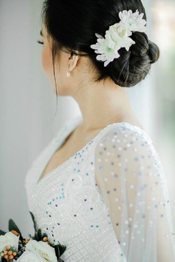 Thick Straight Low Bun With White Flowers — Filipino Wedding Hairstyles 2027