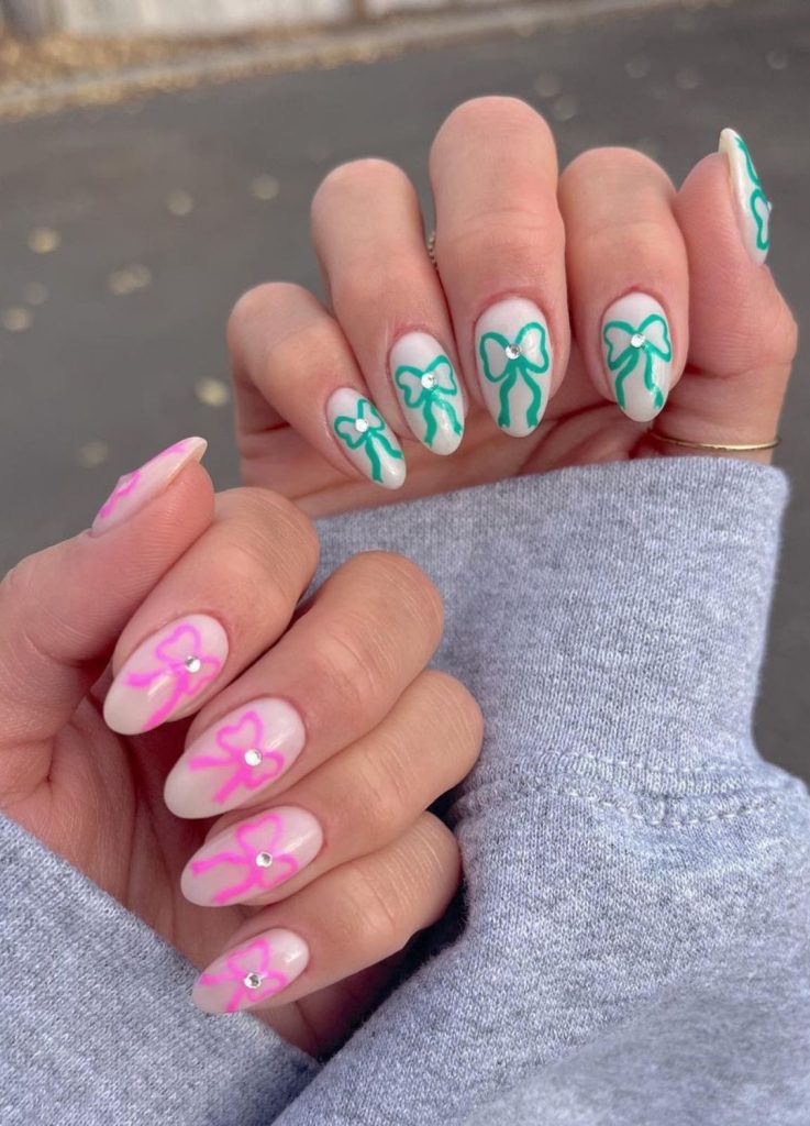 Medium Oval Contrasting Bow Colors — Pink Bow Nails 2027