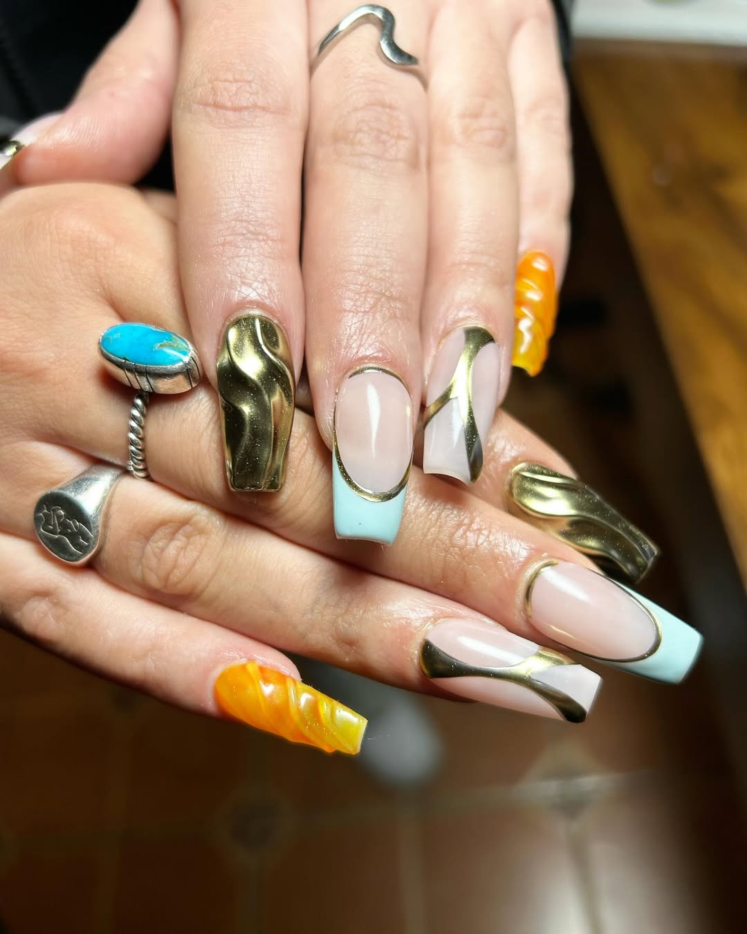 Mixed Designs with Gold Metallic Accents — Long Coffin Nails 2027
