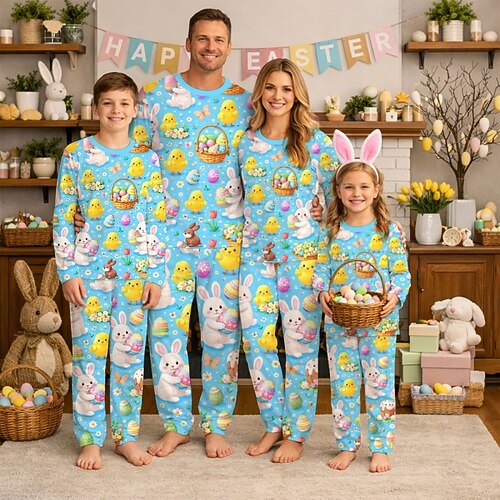 Matching Blue Pajamas with Festive Easter Print for Ultimate Comfort — Easter Family Photo Outfits 2027