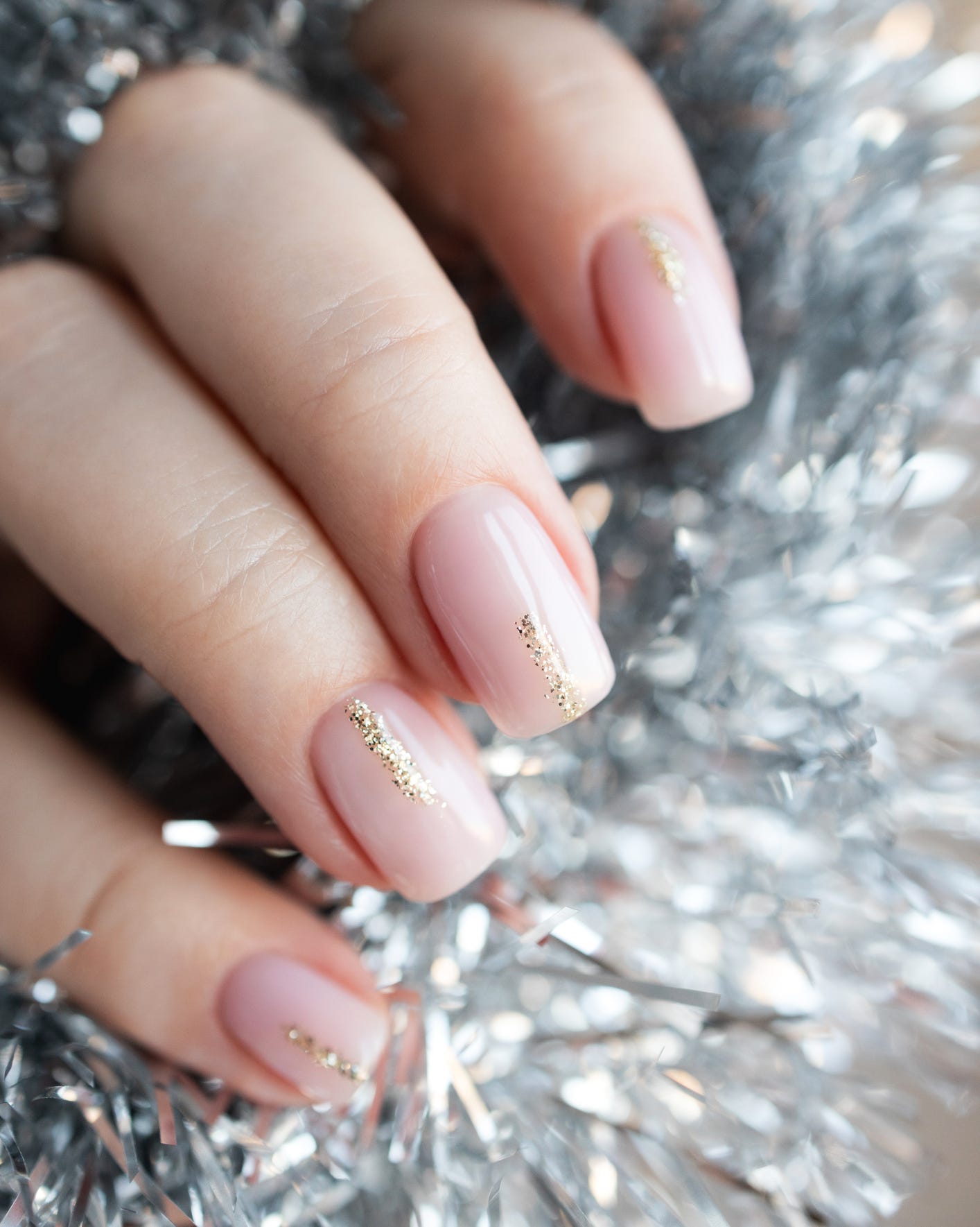 Glossy With Scattered Glitter Pale Pink Gold Glitter Line Short Square Nails Glossy With Scattered Glitter Pale Pink Gold Glitter Line Short Square Nails — Neutral Christmas Nails 2026