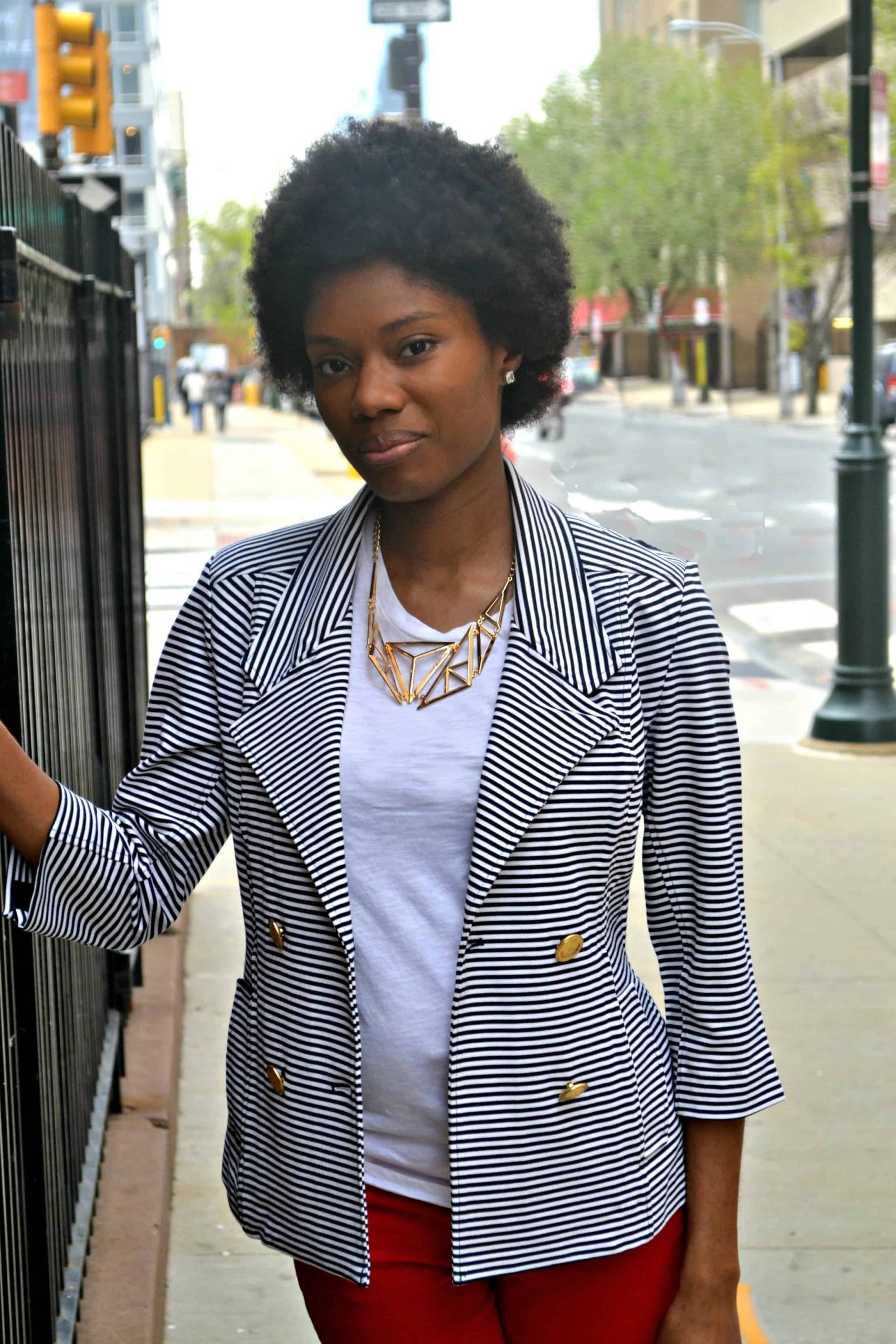 Striped Blazer and Red Trousers for a Chic City Nautical Look Striped Blazer and Red Trousers for a Chic City Nautical Look — Nautical Outfits 2027