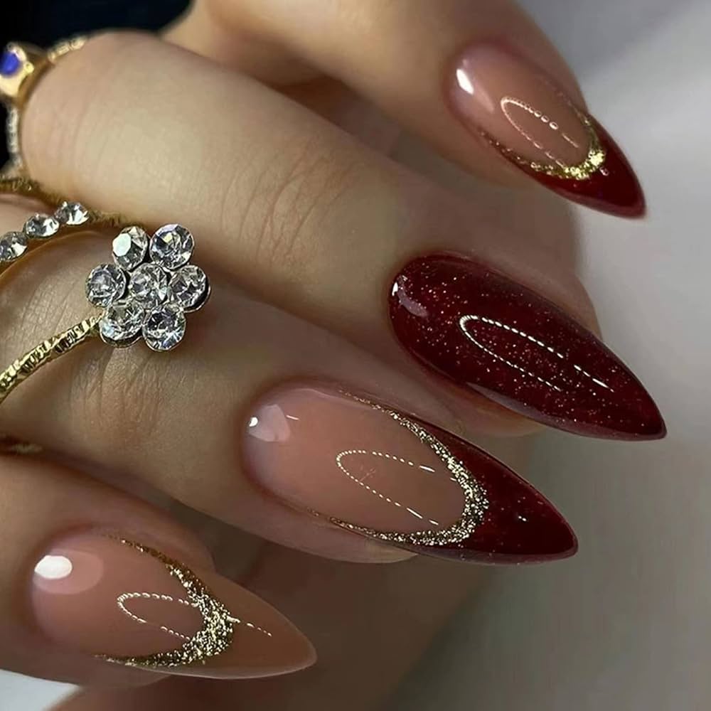 Deep Red Gold Glitter Almond — Sparkly Prom Nails 2027
