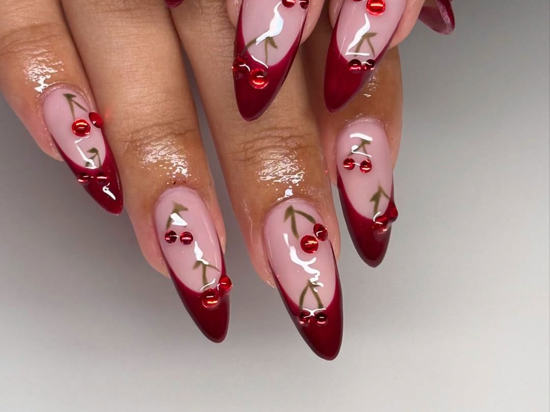 Cherry Rhinestone Red French Long Stilettos Cherry Rhinestone Red French Long Stilettos — Cherry Red Nails 2027