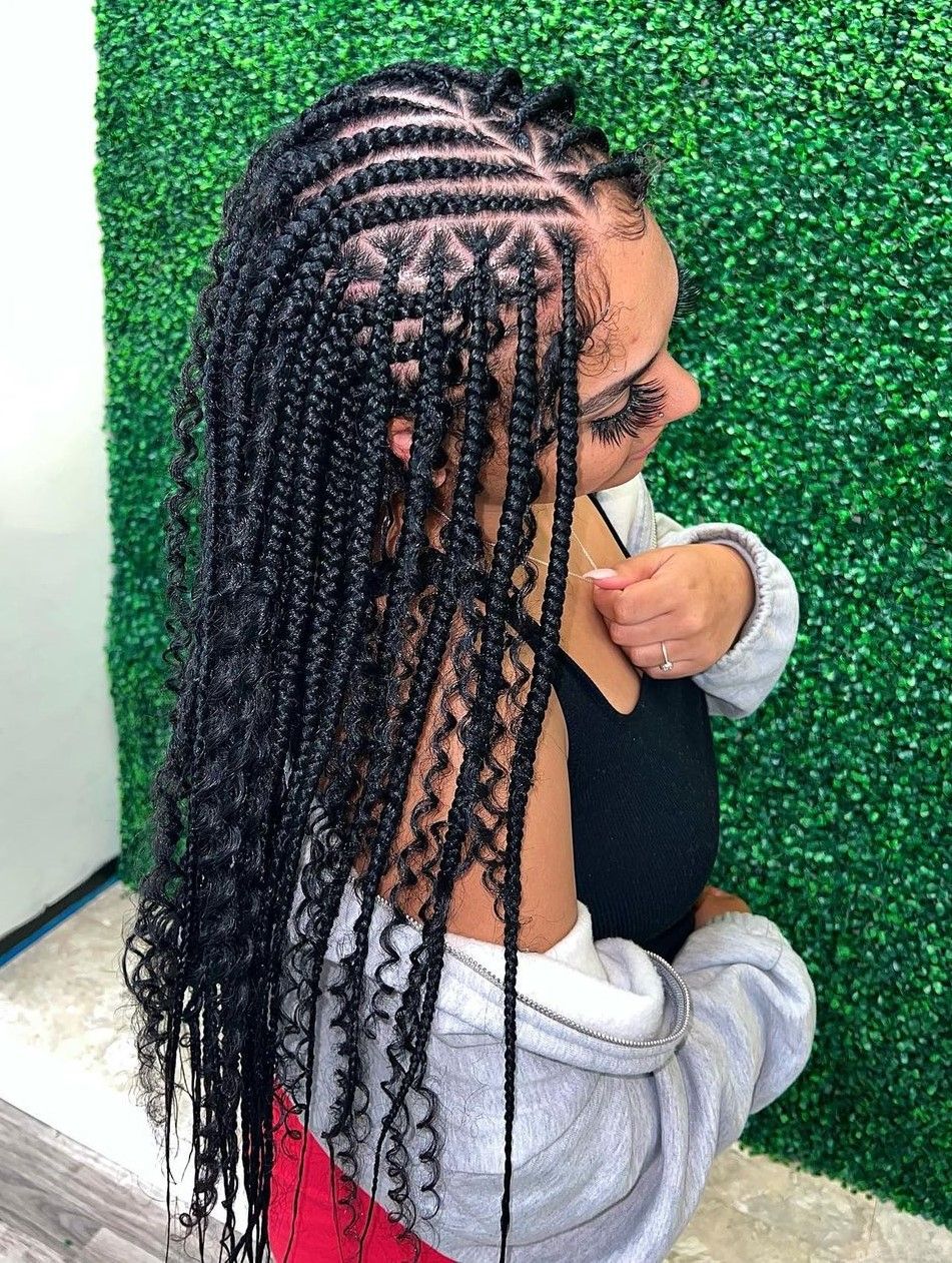 Geometric Scalp Braids With Curly Ends Geometric Scalp Braids With Curly Ends — 6 Cornrows 2027