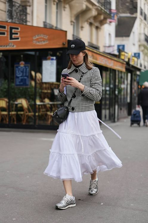 Gingham Jacket Adds Polish to White Tiered Skirt — Tiered Skirt Outfits 2027