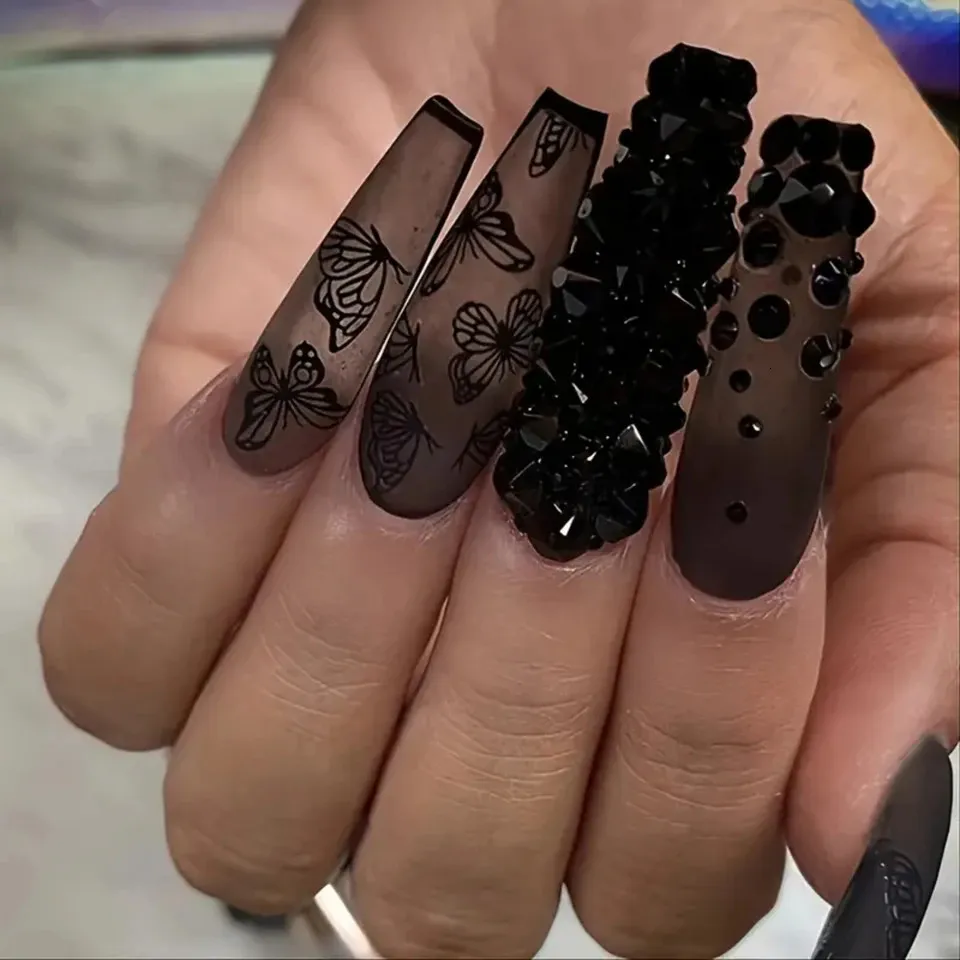 Matte Black Butterfly with Rhinestone Accents Matte Black Butterfly with Rhinestone Accents — Short Butterfly Coffin Nails 2027