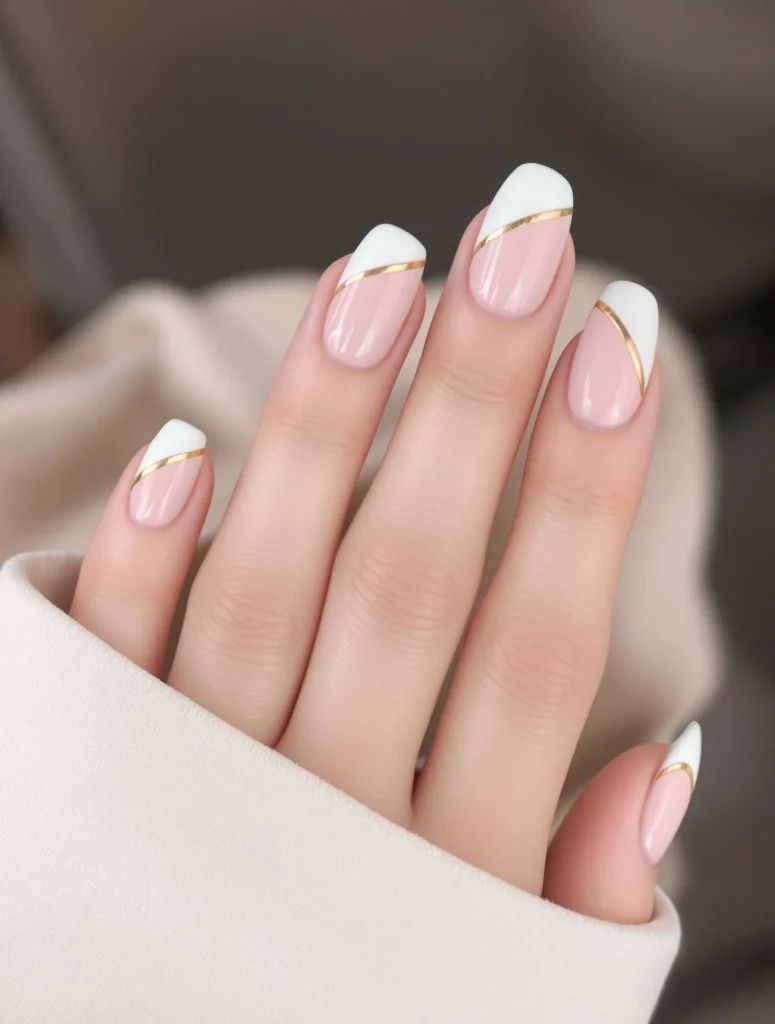 Medium Square Pink French Tips with Gold Lines Medium Square Pink French Tips with Gold Lines — Minimal Line Art Nails 2027