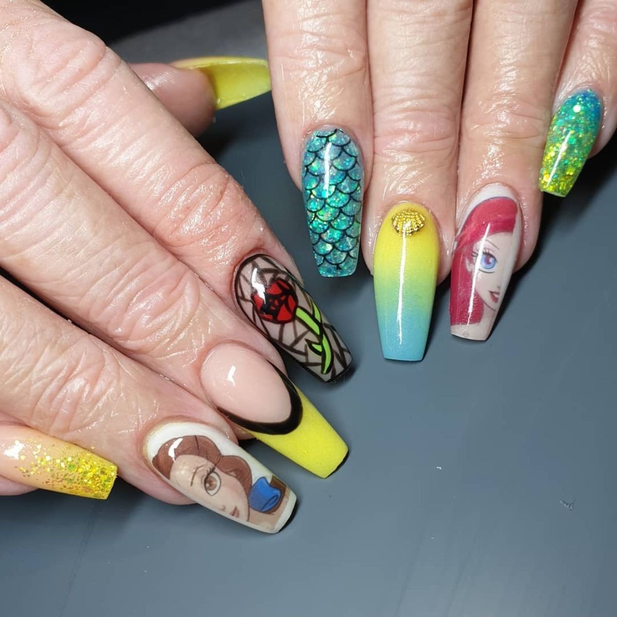 Ariel and Rose Stained Glass Coffin Nails Ariel and Rose Stained Glass Coffin Nails — Princess Disney Nails 2027