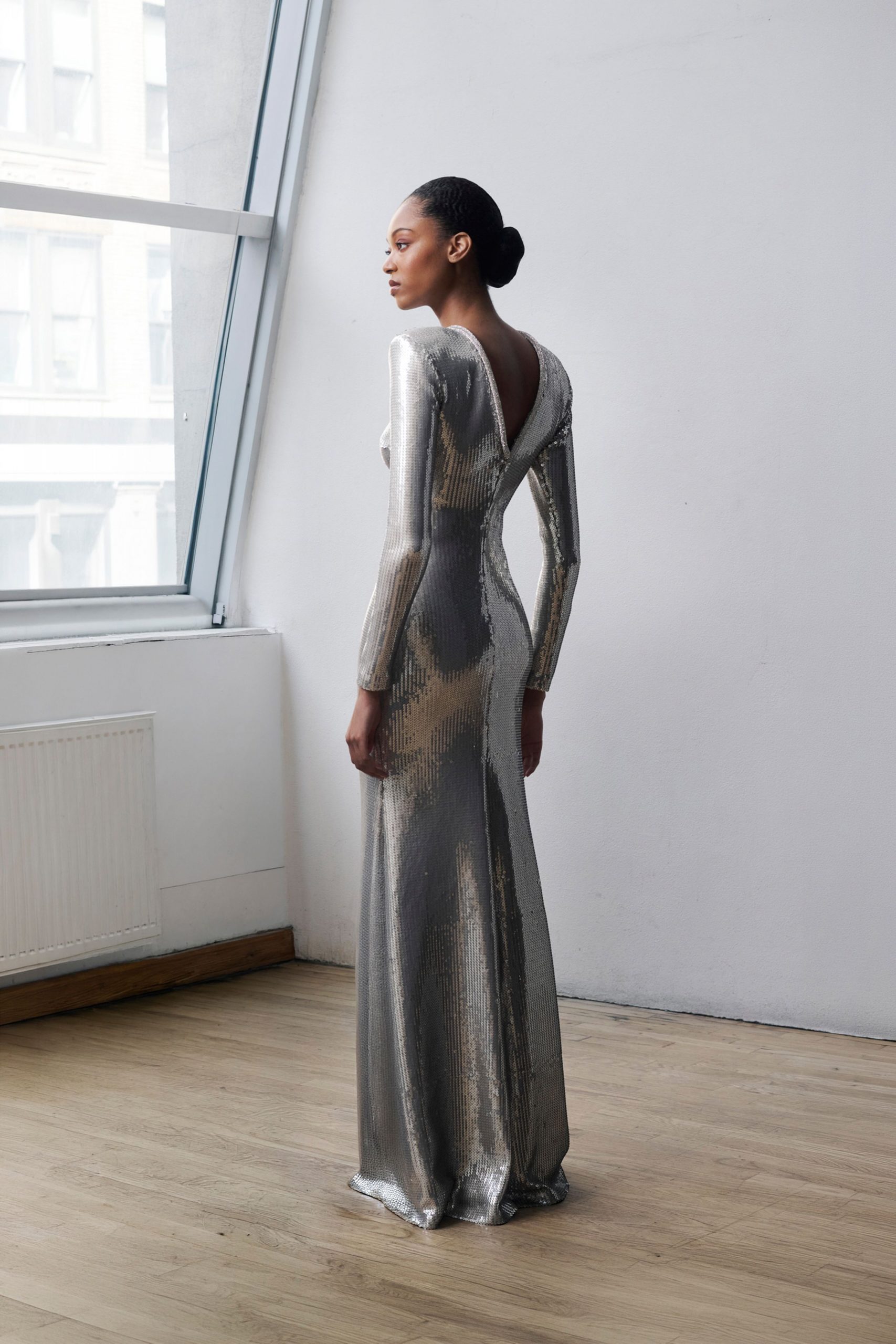 Elegant Silver Sequin Column Dress — Silver Dress Outfits 2027
