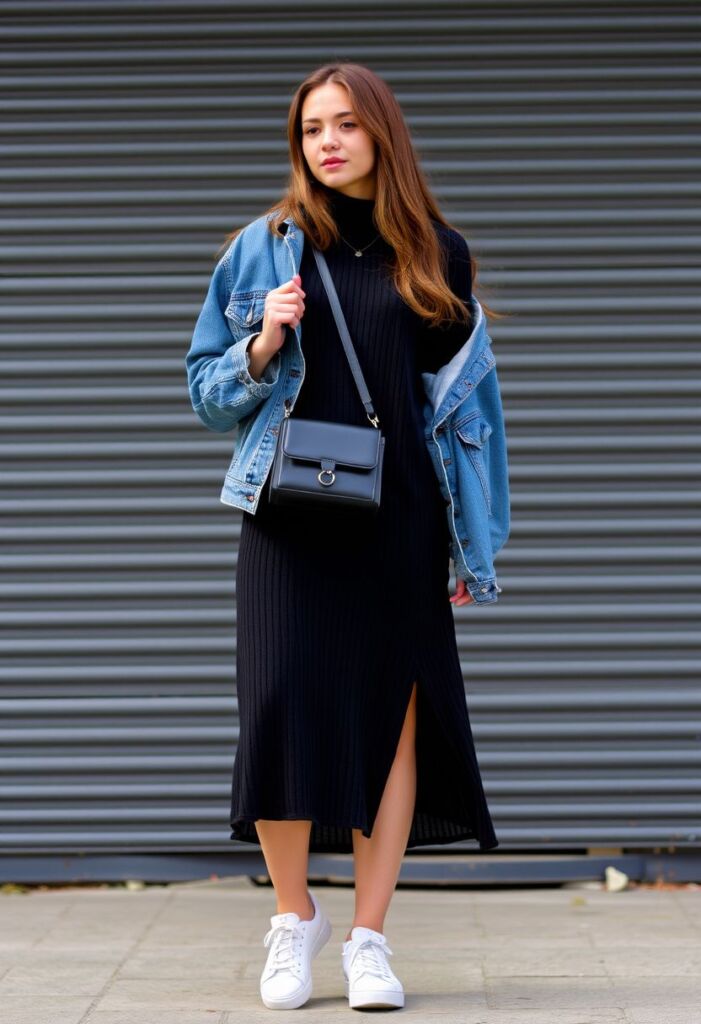 Denim Jacket Layered Over Sweater Dress Denim Jacket Layered Over Sweater Dress — Sweater Dress Outfits 2027