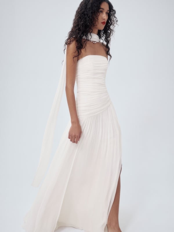 Chic Detail: Ruched Bodice with Flowing Scarf — Wedding Dress Trends 2027