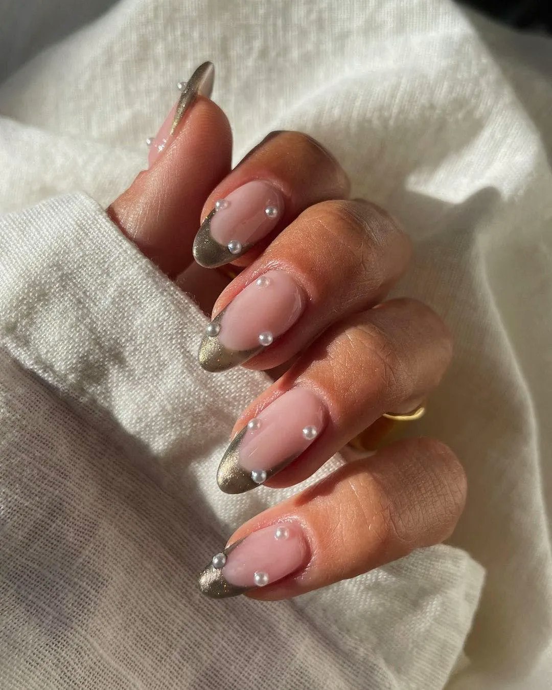 Gold Metallic French Tips with Pearls — Cozy Winter Nails 2027