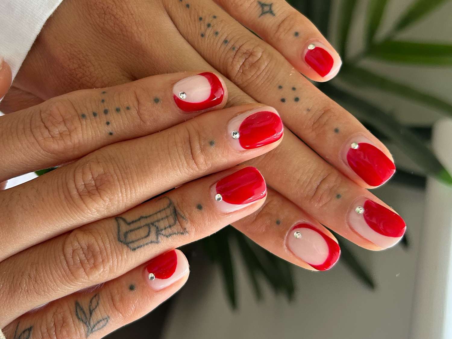 Red French Tips Small Rhinestones Visual Idea Red French Tips Small Rhinestones Visual Idea — Short Gel Nails 2027