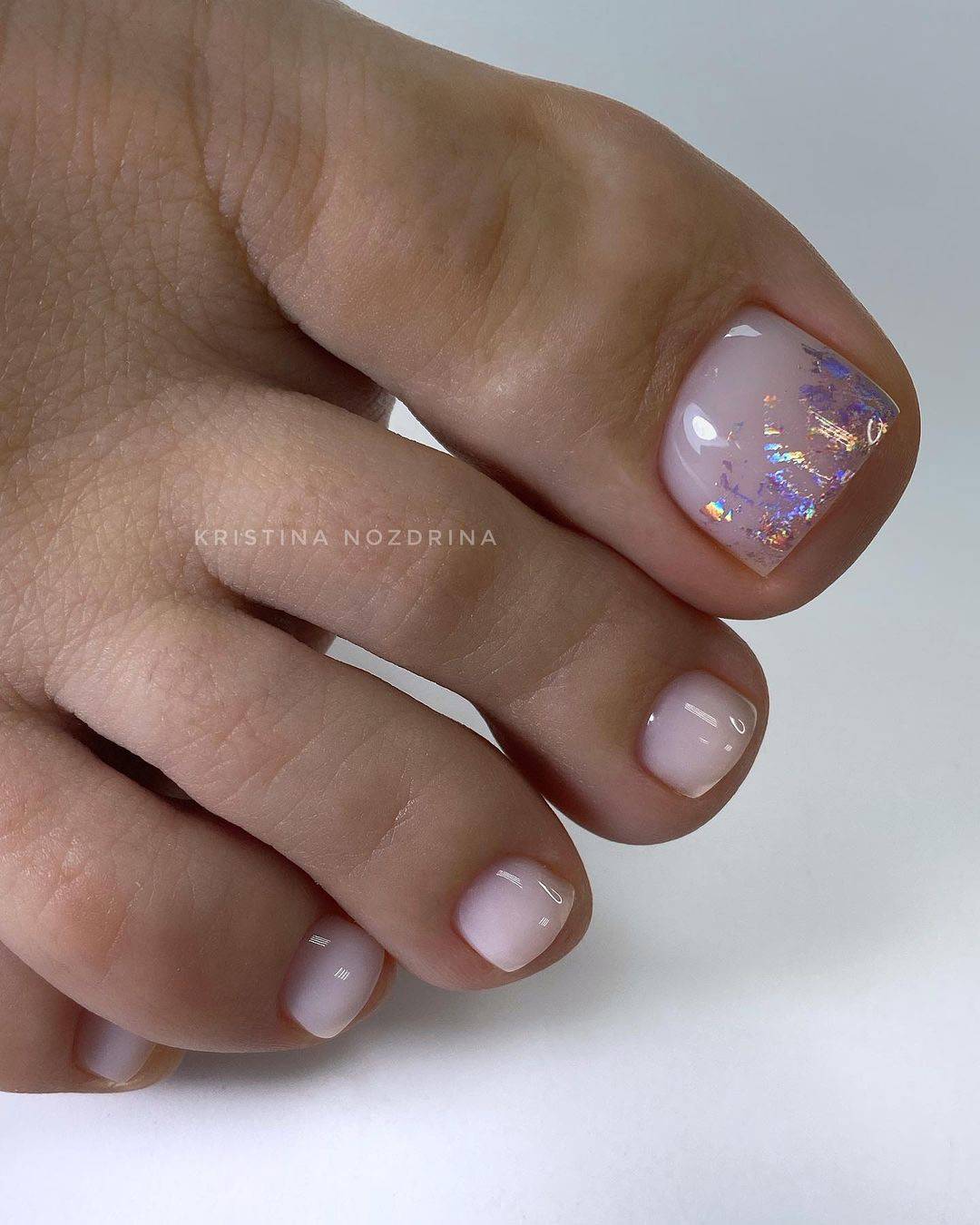 Pale Pink Toes with Iridescent Foil — Wedding Toe Nails 2027