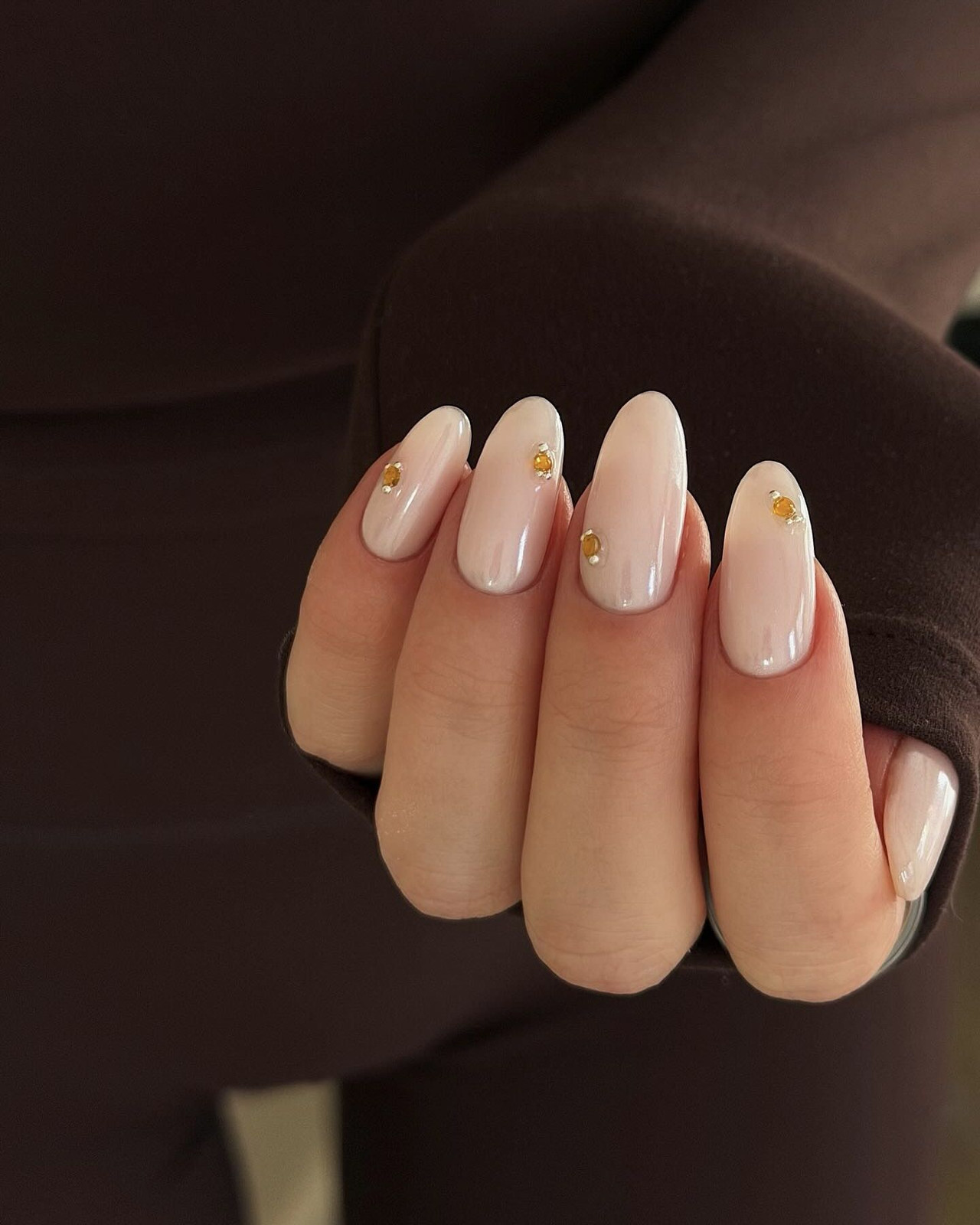 Pale Milky Pink with Gold Stud Embellishment Pale Milky Pink with Gold Stud Embellishment — Classy Nails 2027 for Mature Hands